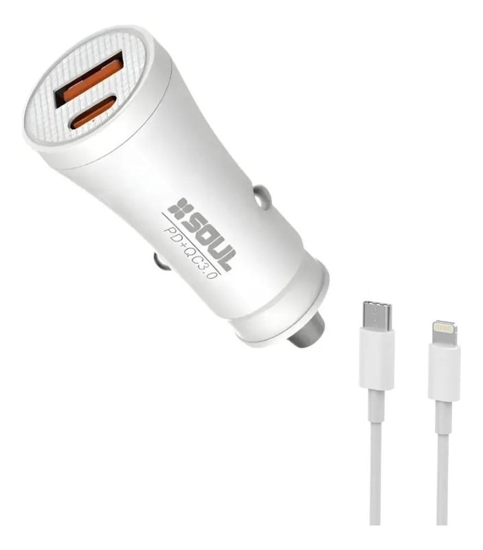 CARGADOR AUTO SOUL PD+QC 38W USB-C A LIGHTNING